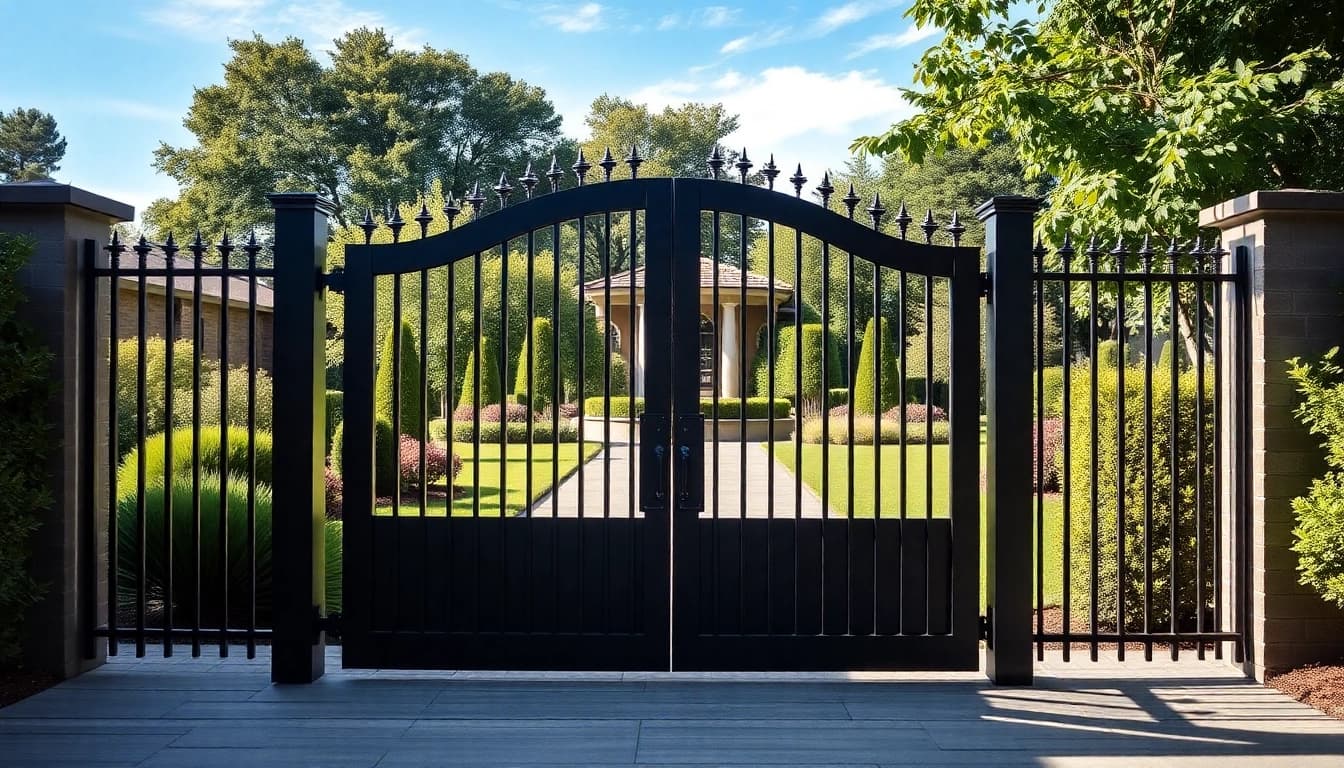 Custom steel gates enhancing a beautiful garden entrance with intricate design and premium quality.