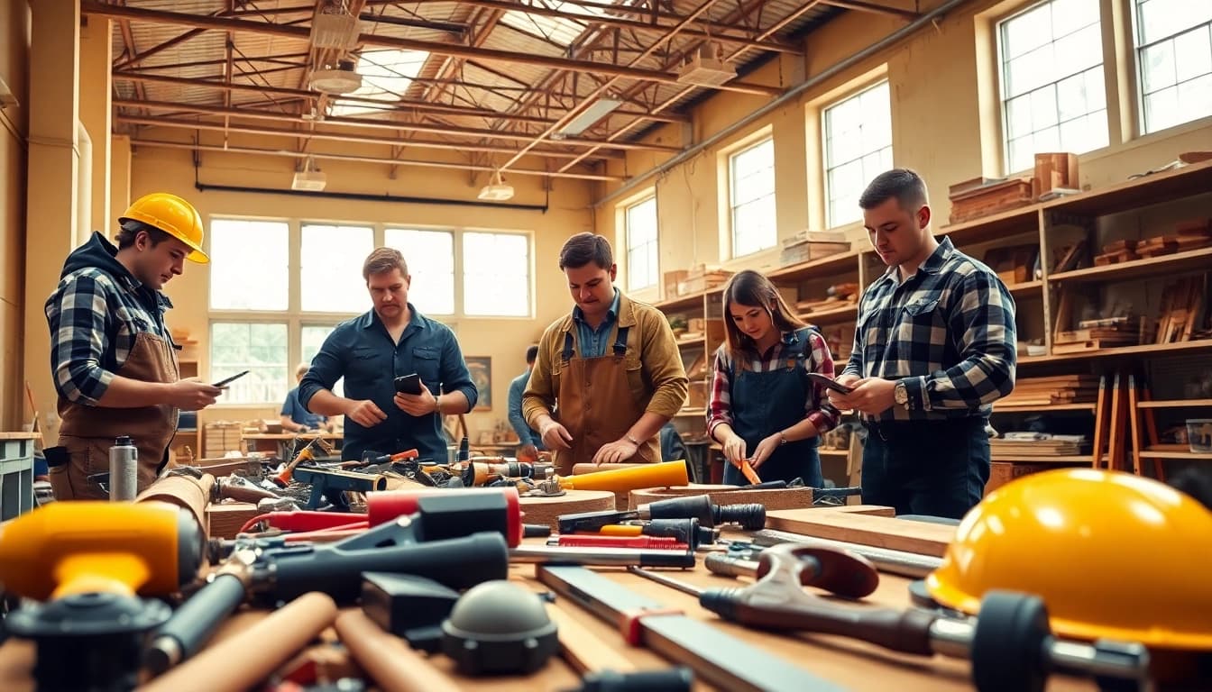 Students learning at construction trade schools in texas practicing hands-on skills and using tools.