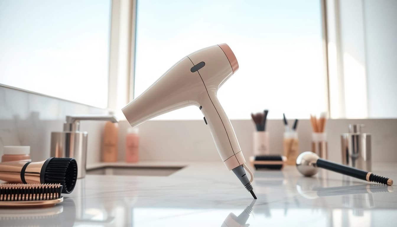 Style your hair effortlessly with the Ionic hair dryer, showcasing its sleek design and advanced features.