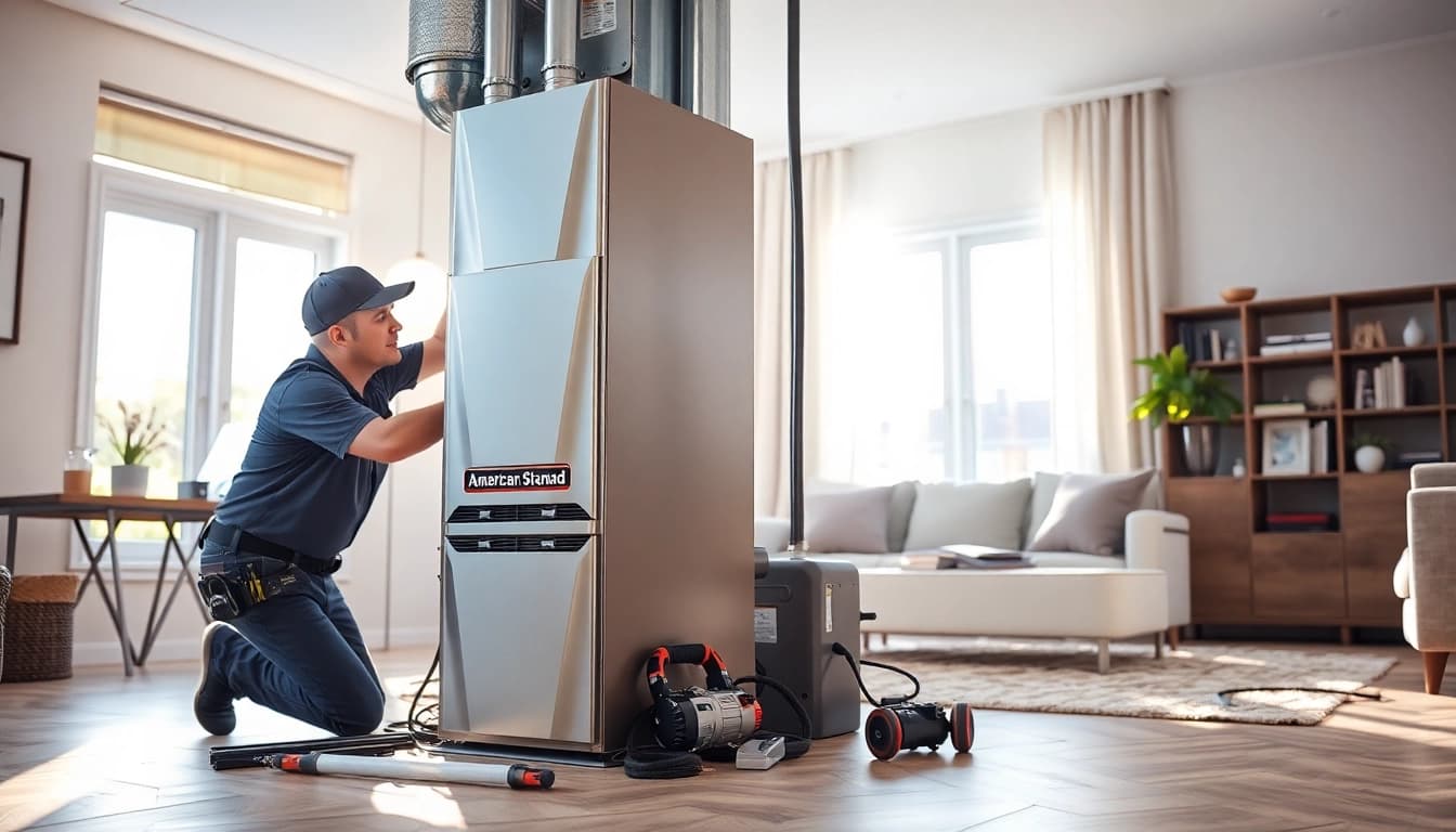 Install an American Standard furnace in a modern home with a technician showcasing high-quality service.