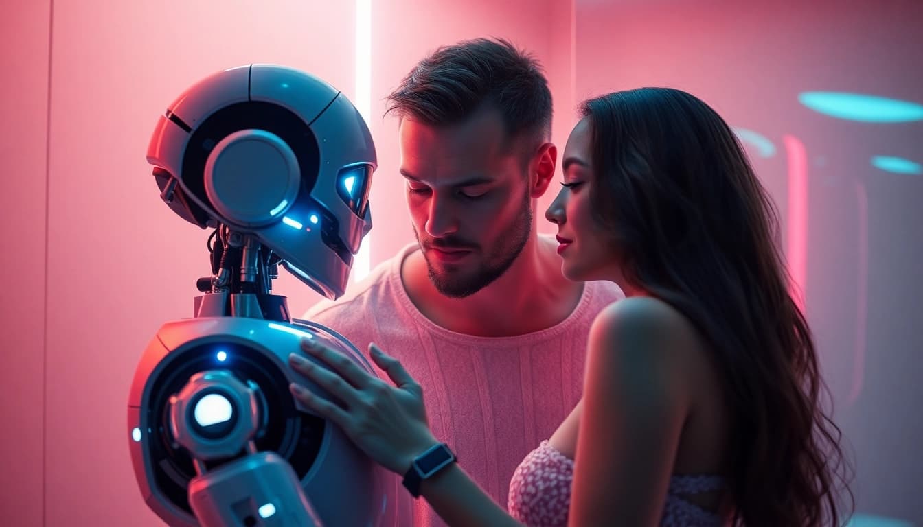 Engaging scene of a humanoid robot and human interacting, symbolizing the future of ai sex.
