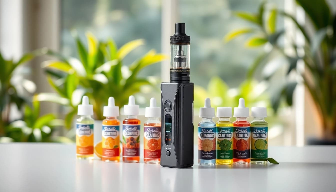 Genießen Sie ein stilvolles vape ohne nikotin mit bunten E-Liquids auf einem minimalistischen Schreibtisch.