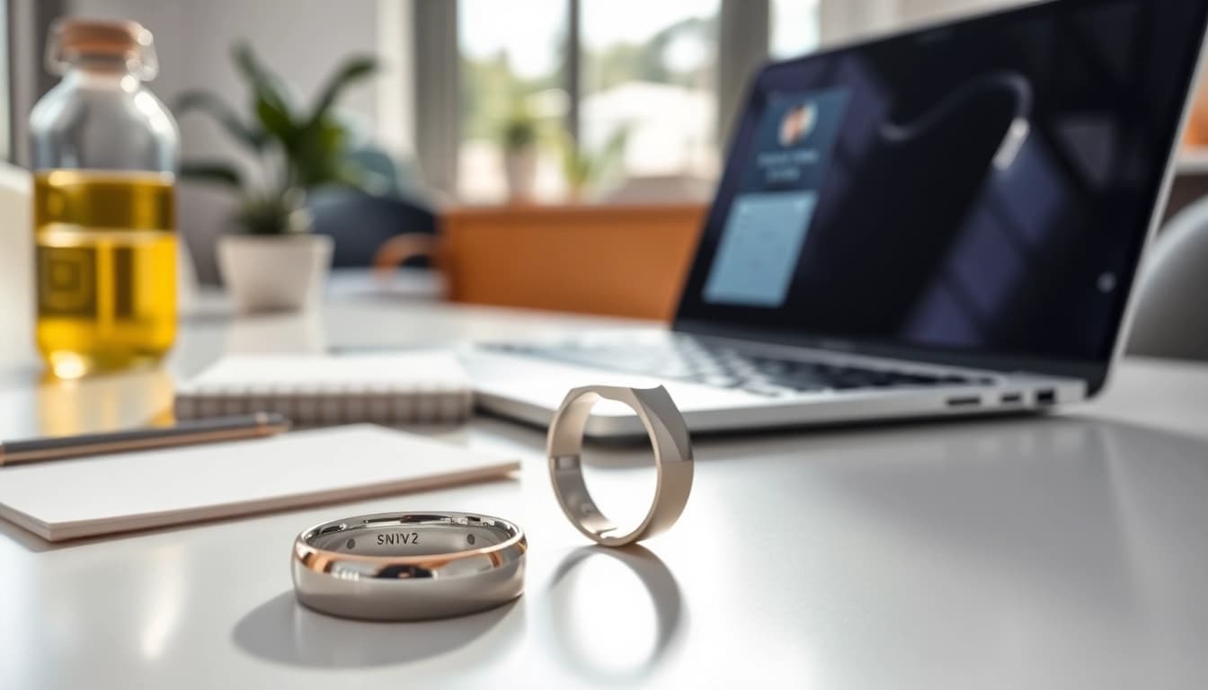 View the Smart Health Ring showcasing its features on a desk, emphasizing health management.