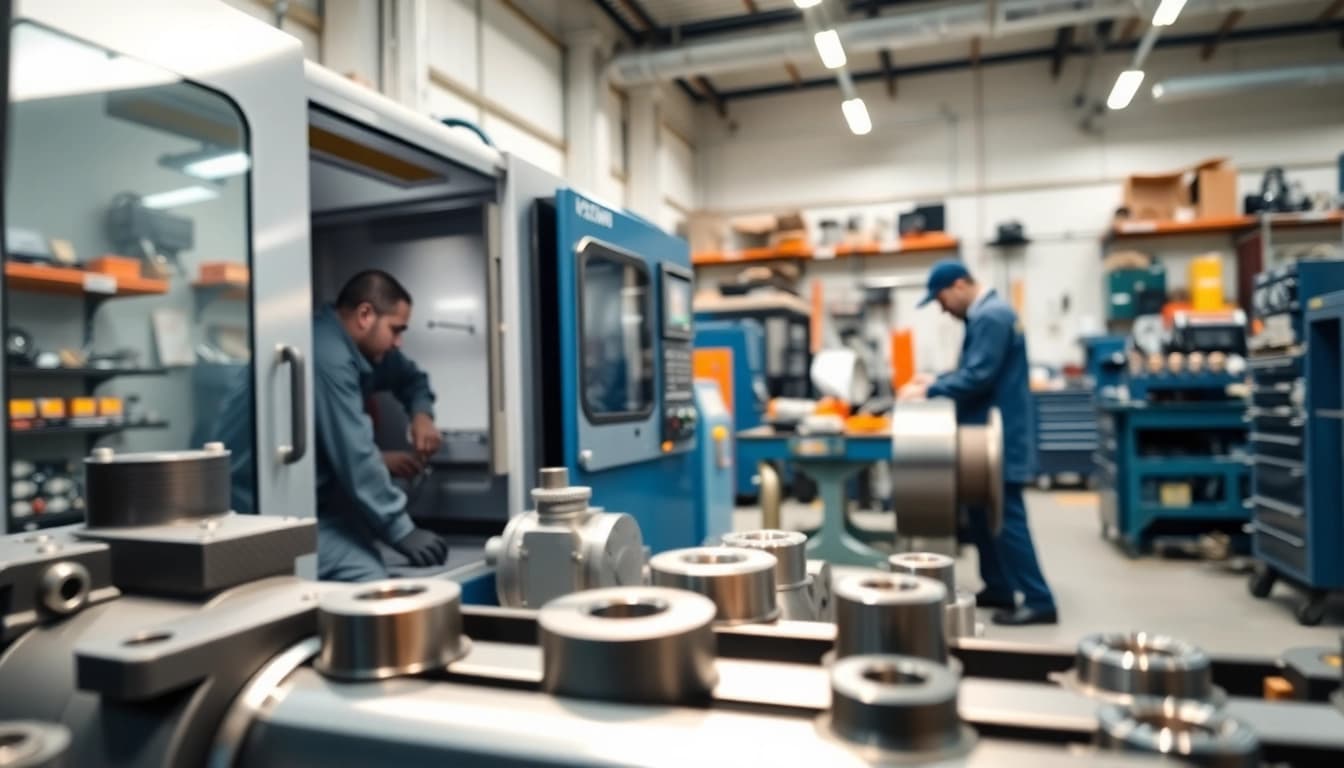 Custom part manufacturer working on precision components in a modern workshop.
