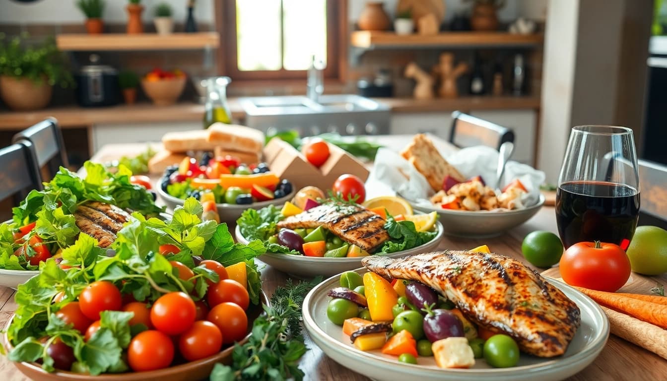 Enjoying a beautifully arranged Mediterranean diet with fresh fruits and vibrant vegetables.