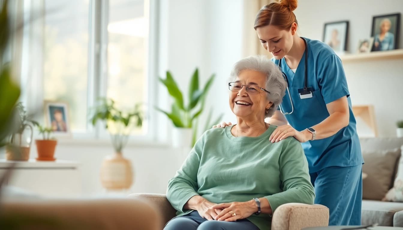Engaging scene of austin senior home care with caregivers assisting seniors in a warm living room.