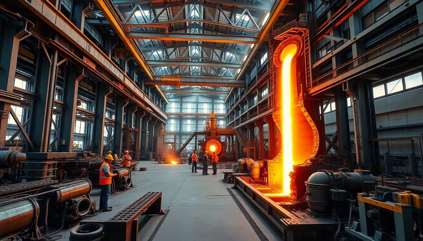 Workers overseeing operations in a modern steel mill, showcasing advanced machinery and vibrant molten steel.