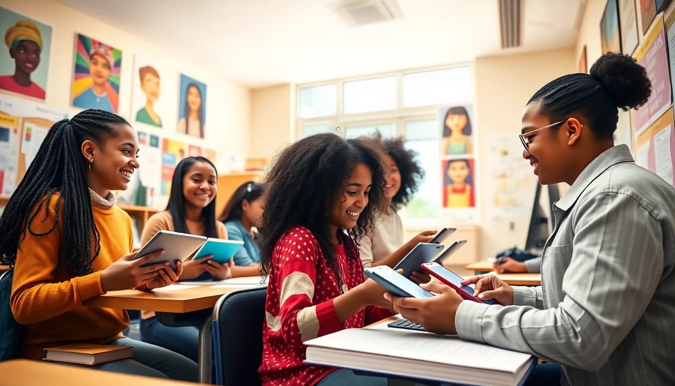 Education scene showcasing diverse students collaborating using digital tools, promoting equity and innovation.