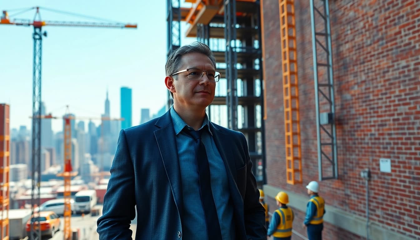 New York Construction Manager leading a vibrant construction site in an urban setting.