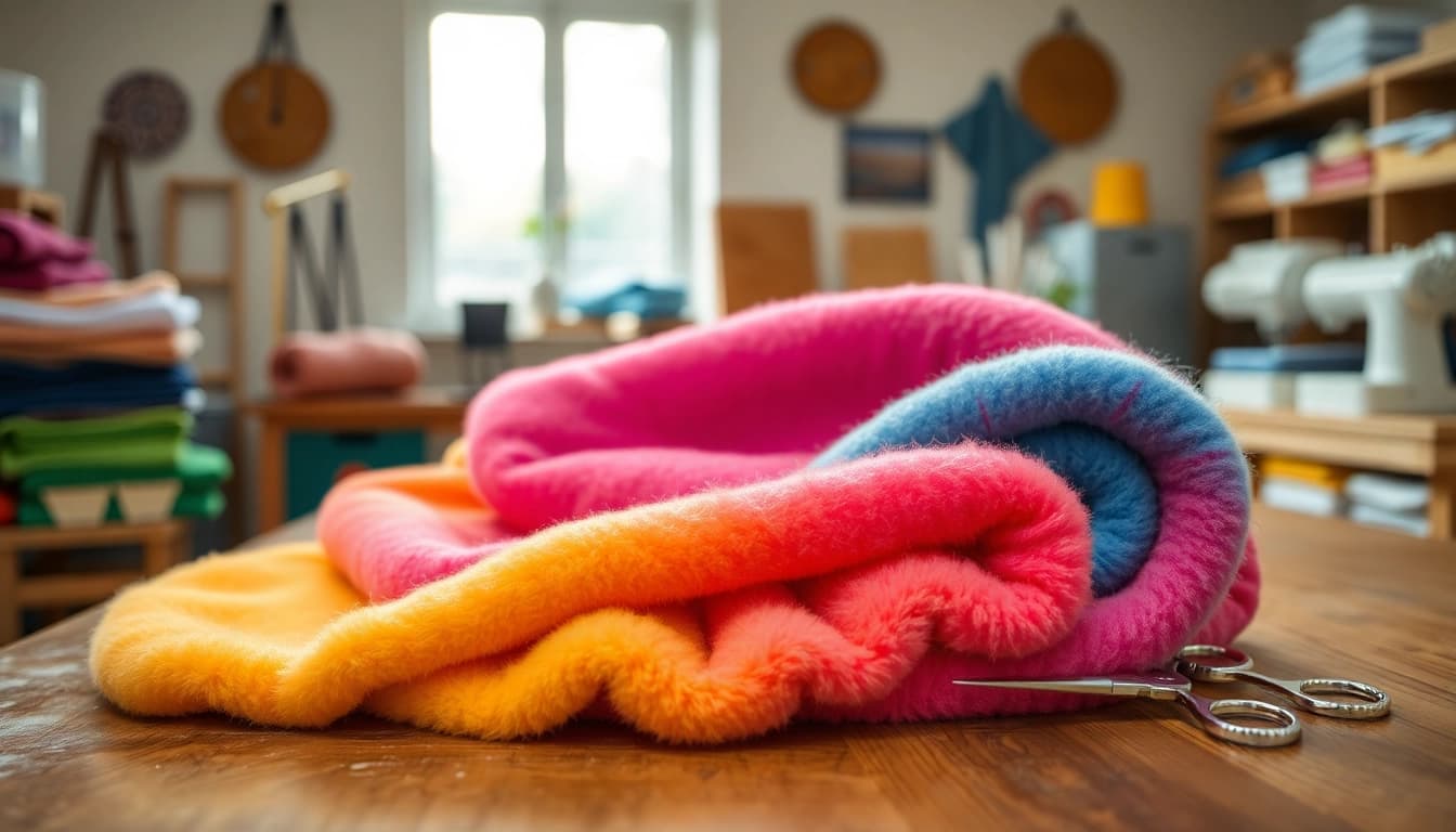 Fleece-stof in een warme werkplaats met zachte texturen en levendige kleuren.