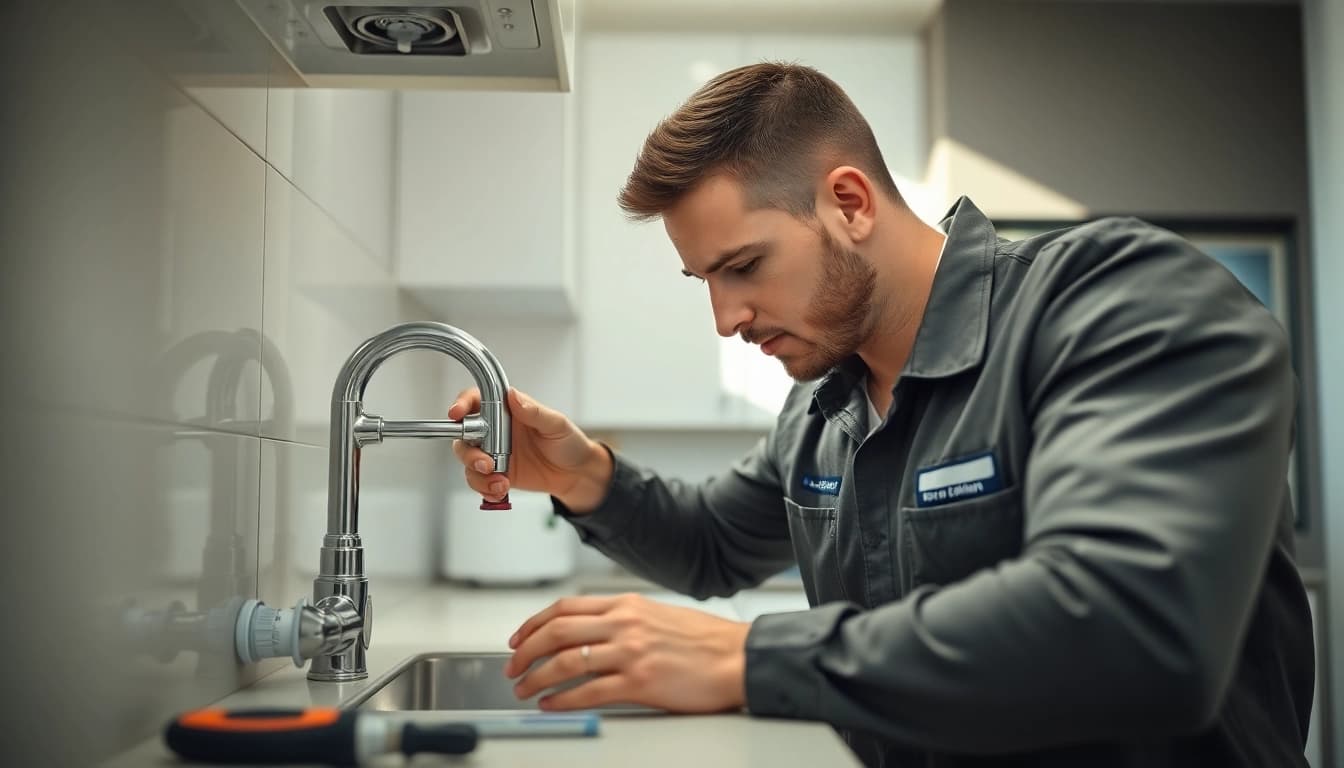 Plumbers bristol expertly repairing kitchen plumbing in a modern setting.
