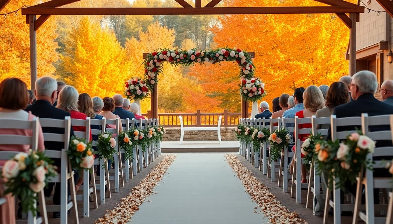 A romantic setup at Clarksburg Wedding Venues with floral decorations and golden hour lighting.