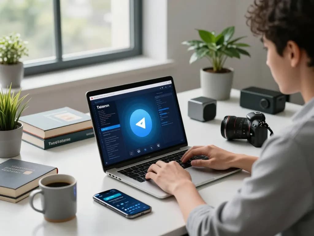 Efficient workspace showcasing the telegram 中文 interface on a laptop, symbolizing modern tech communication.