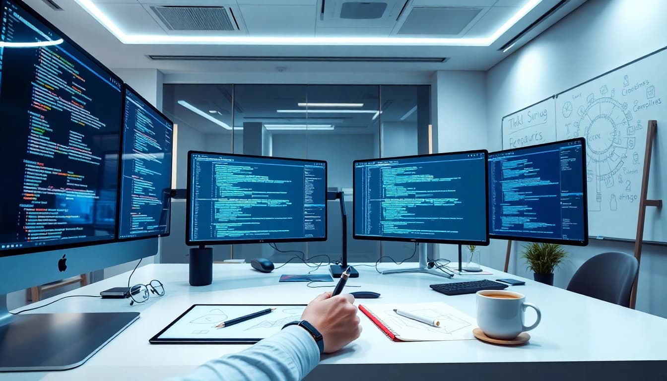 dịch vụ thiết kế website showcased in a modern design studio workspace with digital tools.