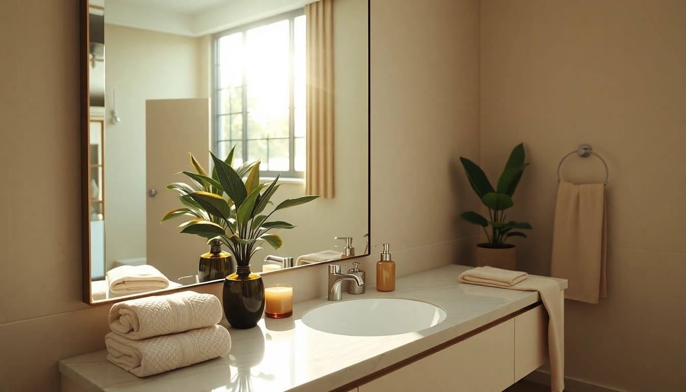 Illuminated mirror with Lights reflecting a stylish bathroom setup, complementing elegant decor.
