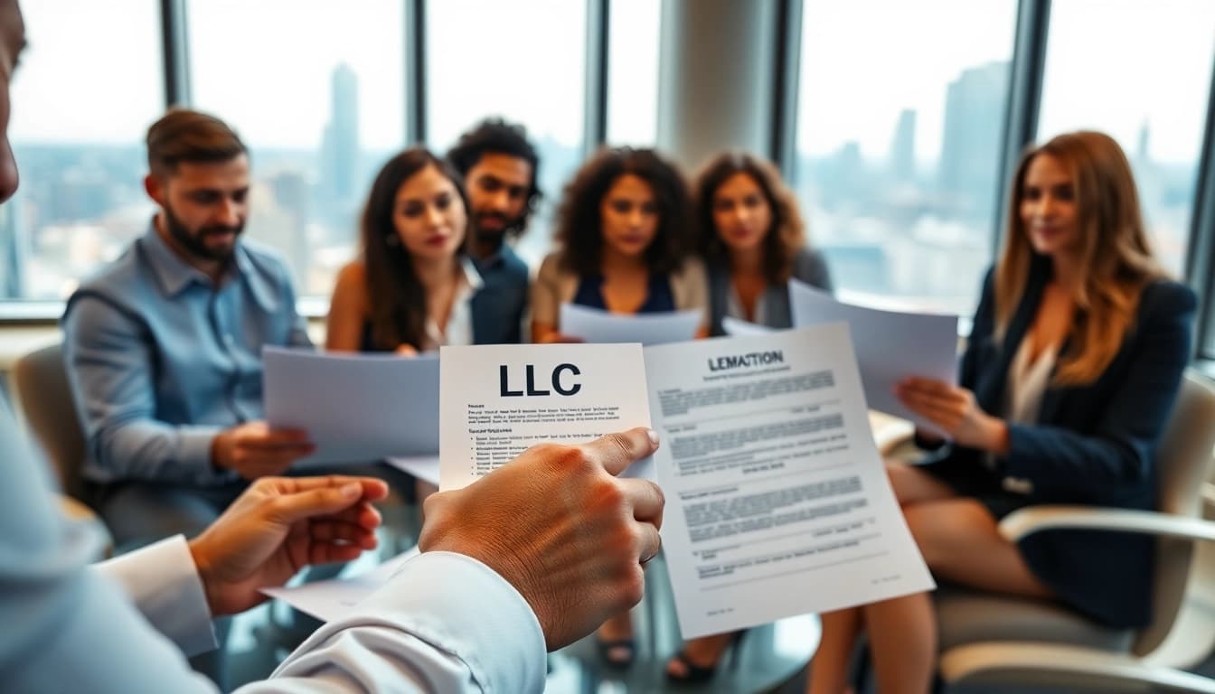 Individuals discussing Forms to create an LLC in a modern office.