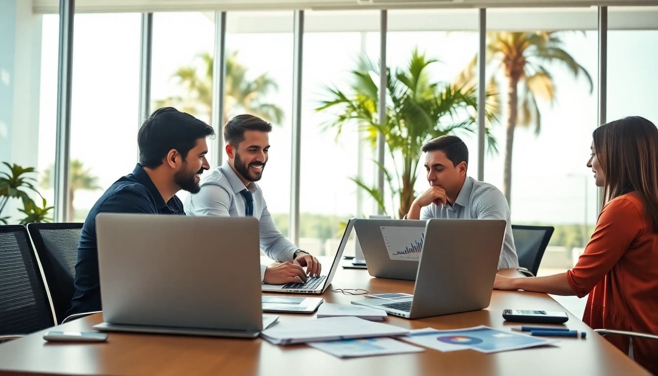 Team brainstorming strategies for Clearwater FL SEO in a bright office space.