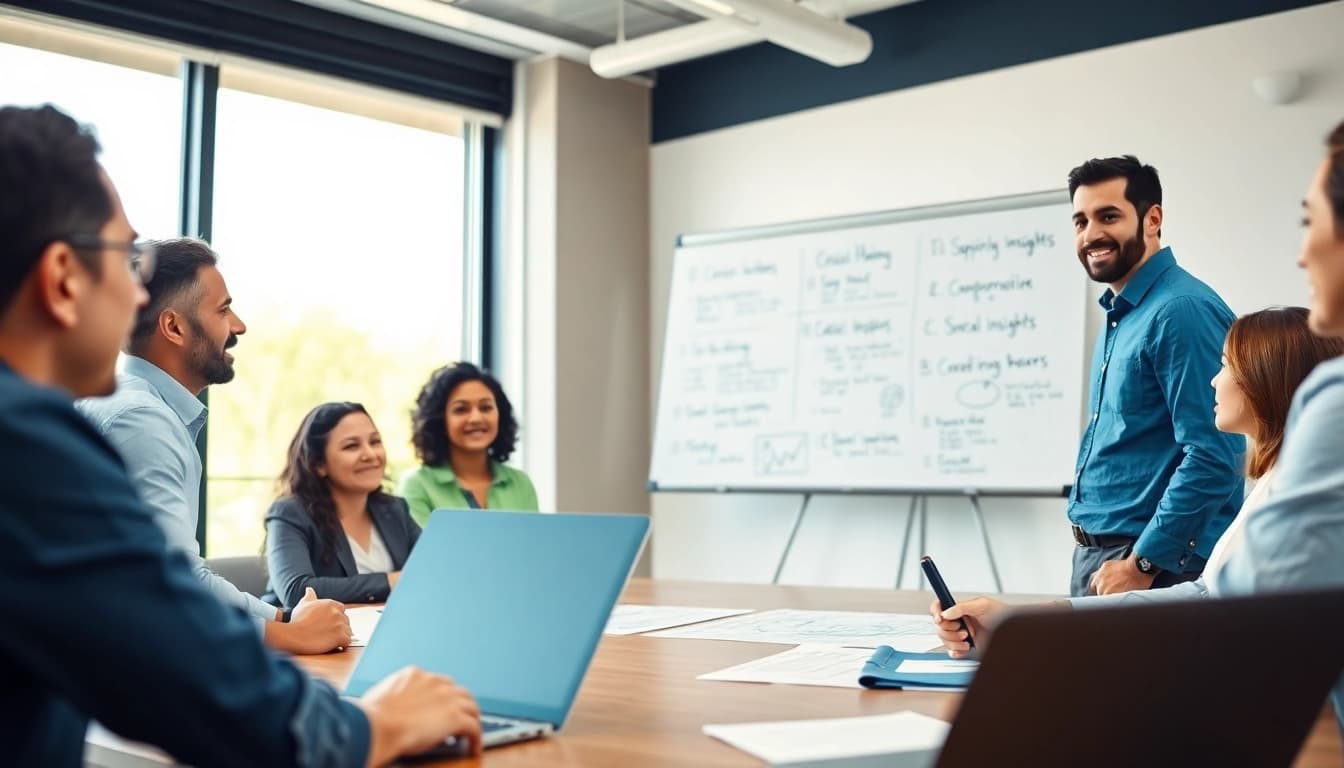 Crisis management consultant leading a strategic planning session with a focused team in a modern office.