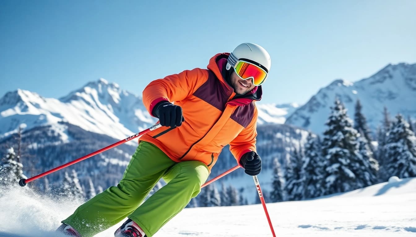 Skier showcasing insulated ski wear amidst snowy mountains, highlighting performance and style.