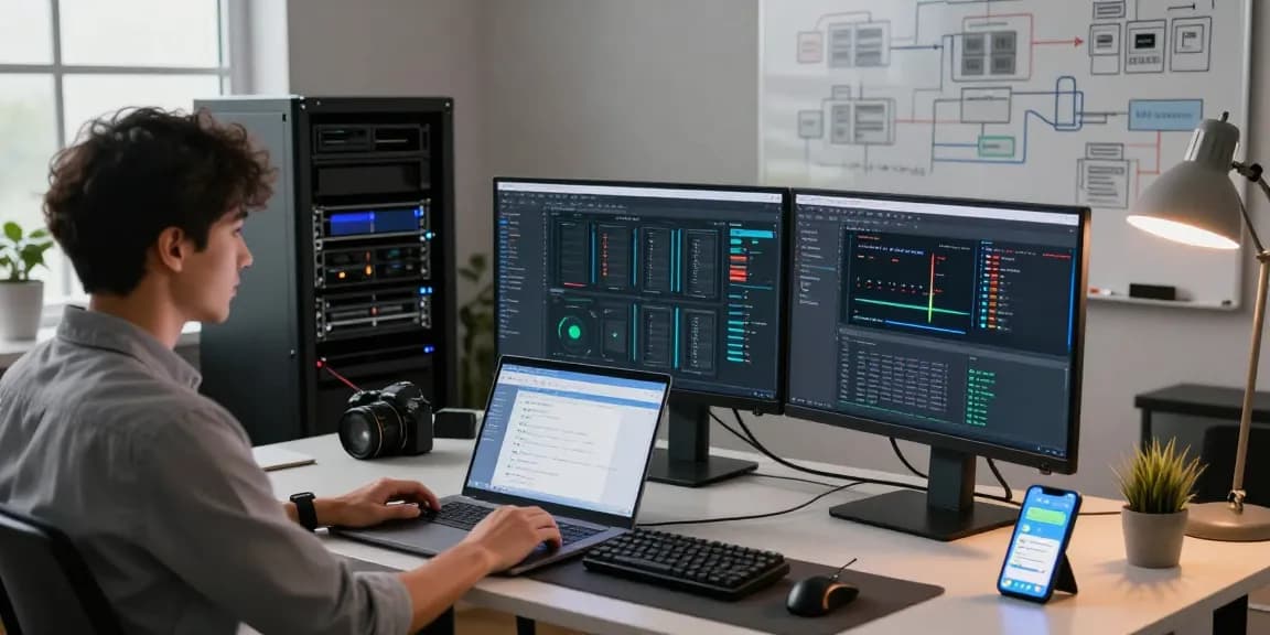 IT specialist managing servidores vps windows on multiple monitors in a modern workspace with technical diagrams.