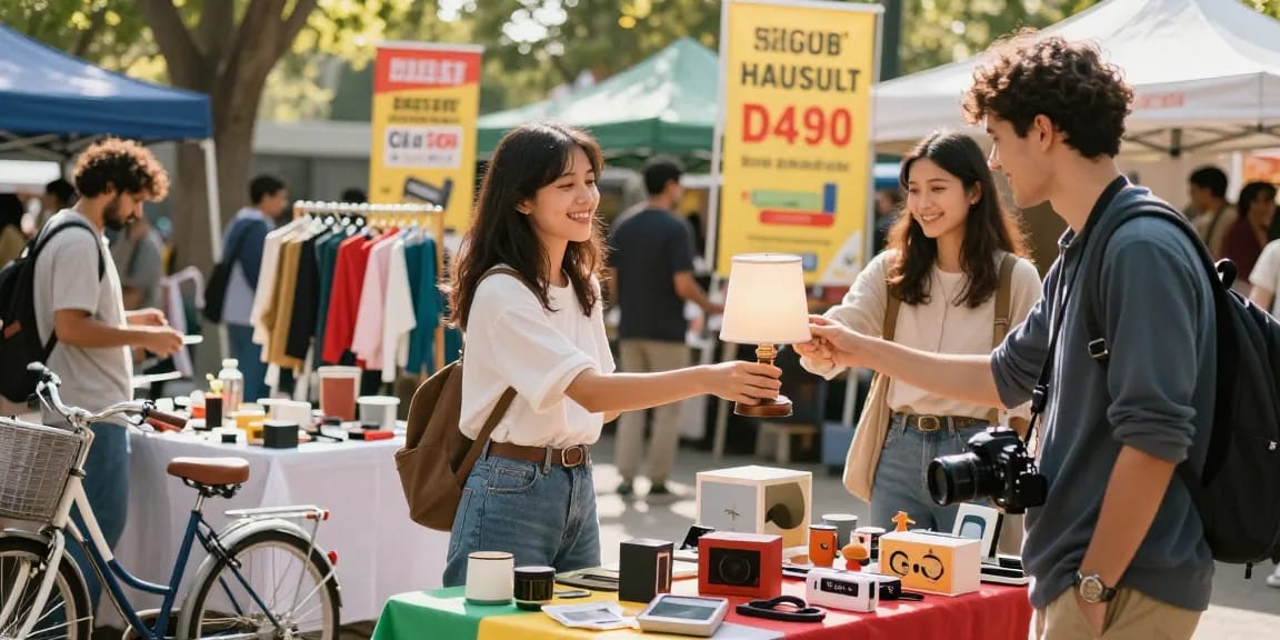 People enthusiastically engaging in transactions at ROKOK88 alternatif marketplace featuring diverse second-hand goods.
