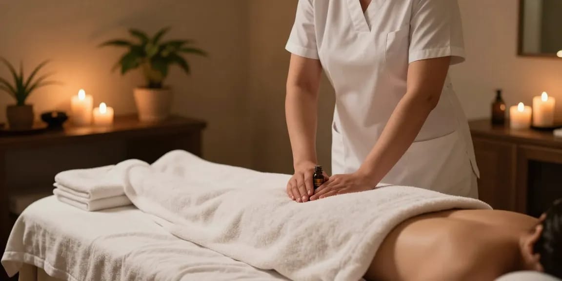 Explore makangs.com/region/국내/서울-/마사지-스웨디시 with a serene spa ambiance, featuring a therapist ready for a relaxing Swedish massage.