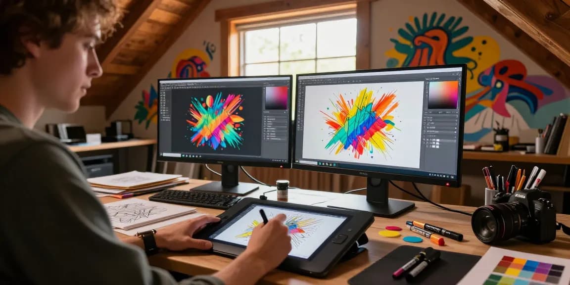 Creating nsfw digital art in a cozy studio with vibrant illustrations and art supplies.