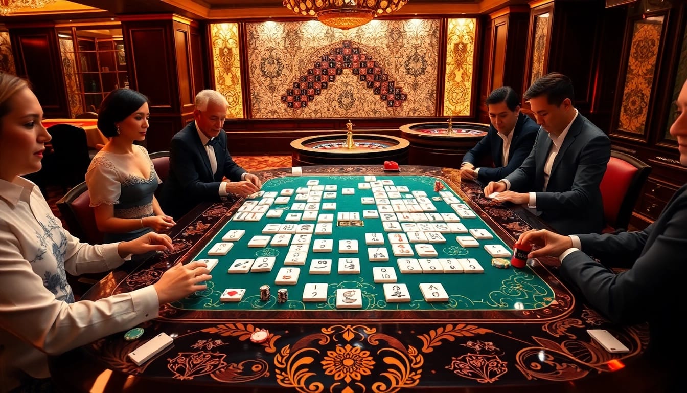Engaging players enjoy link mahjong at a luxurious casino table with vibrant tiles and poker chips.