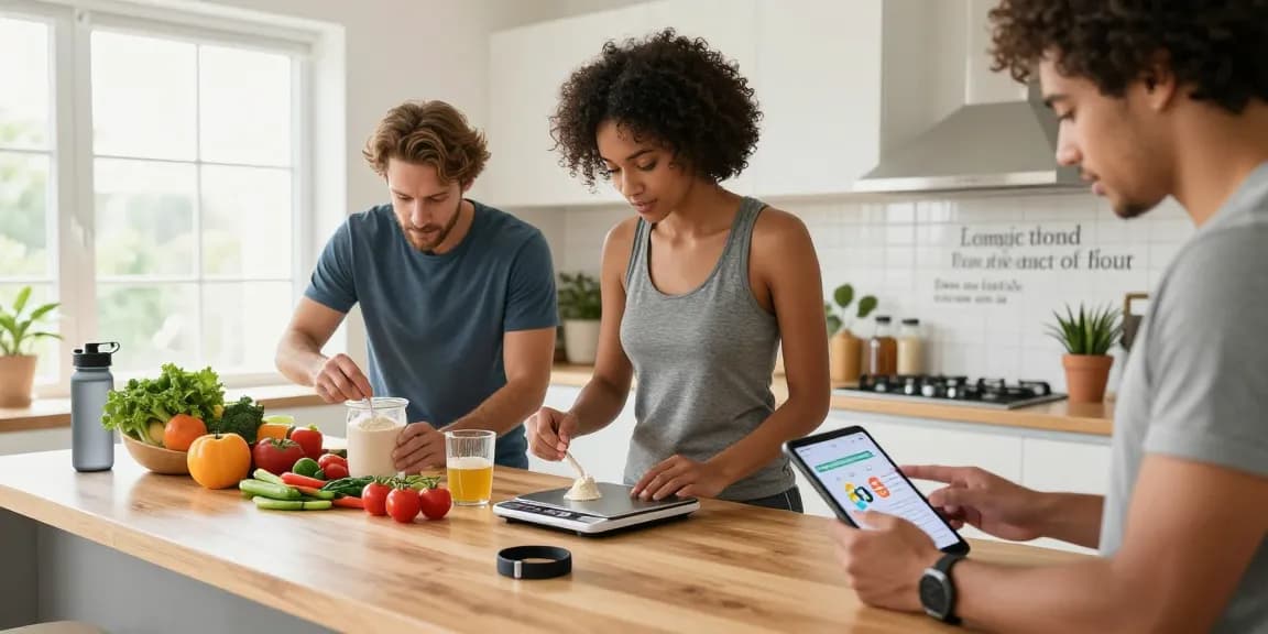 The best macro tracking app used by diverse individuals in a modern kitchen, measuring ingredients and logging nutrition data.