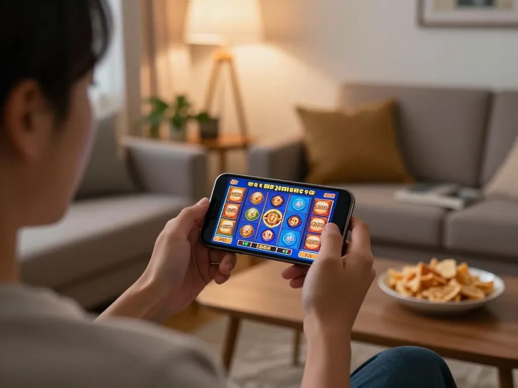 Engaging in exciting สล็อต888 gameplay on smartphone at home with colorful graphics and cozy atmosphere.