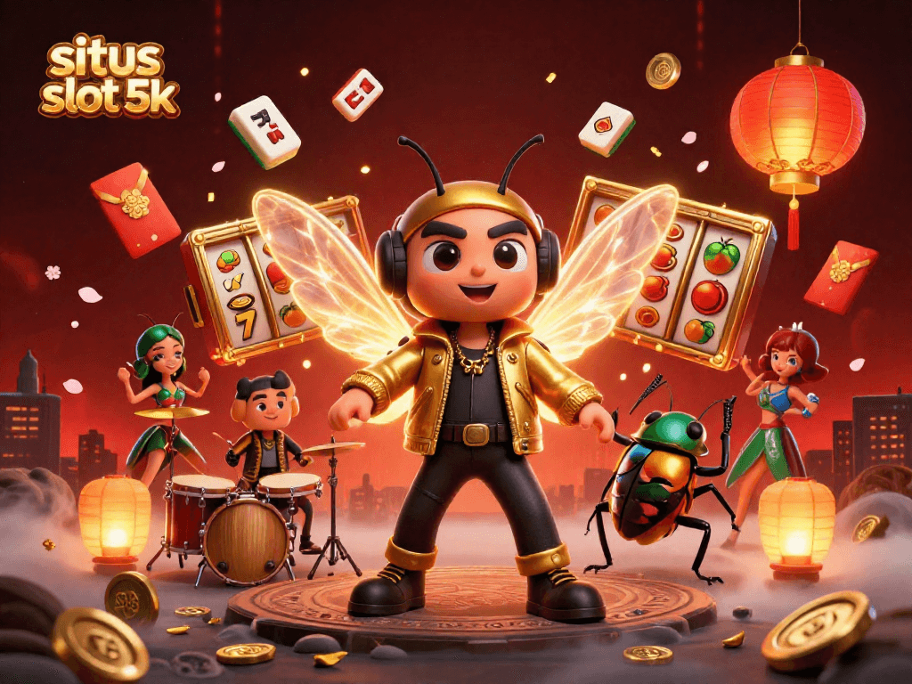 Spin to win with situs slot 5k as a cicada rock star, vibrant characters, and lucky symbols abound!