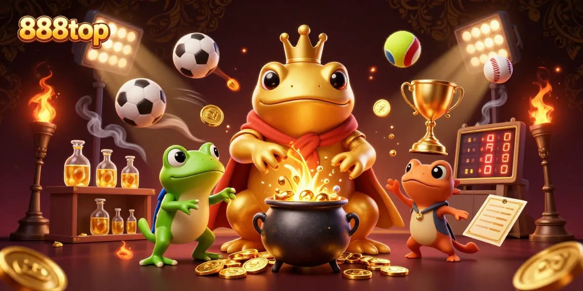 Experience thrilling wins at 888top with a dynamic show of sports elements, gold coins, and action.