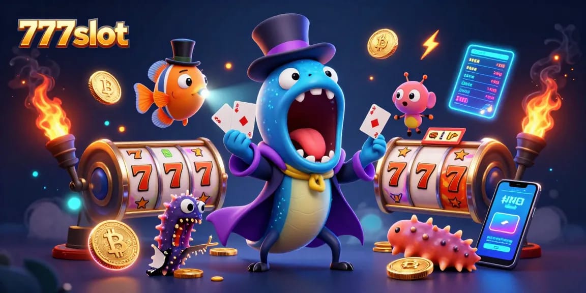 Mainkan slot 777slot dengan karakter unik, gulper eel dan anglerfish, dalam ilustrasi 3D yang menarik.