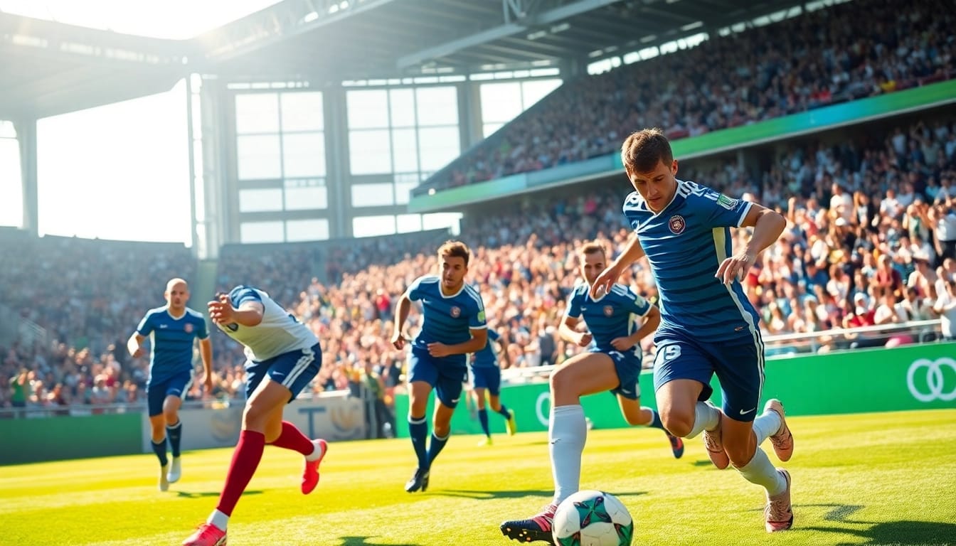 Un jugador de fútbol realiza una jugada en un partido de todo deporte, rodeado de aficionados que animan.