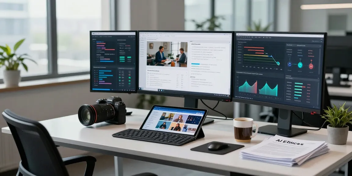 Data analyst using an ai image detector in a modern office, analyzing images for content moderation.