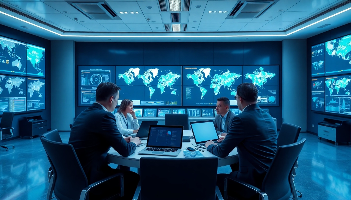 Deliberating on national security risks in a command center with analysts focused on data.