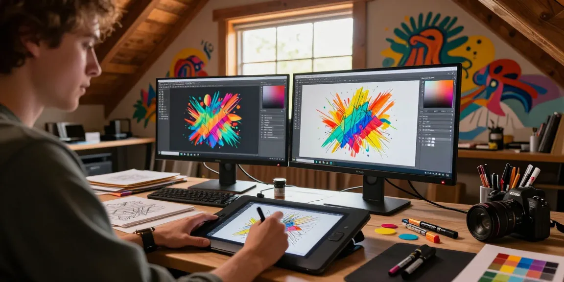 Creating nsfw digital art in a cozy studio with vibrant illustrations and art supplies.