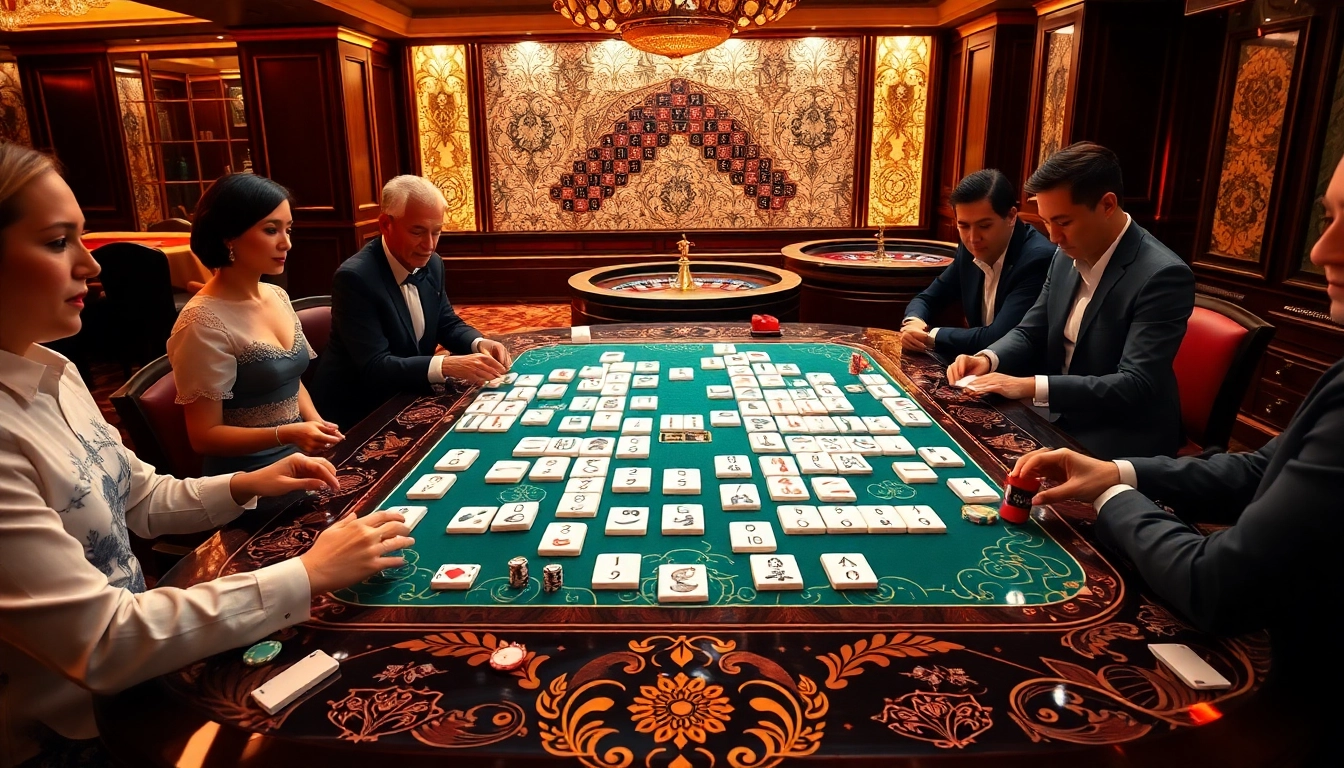 Engaging players enjoy link mahjong at a luxurious casino table with vibrant tiles and poker chips.