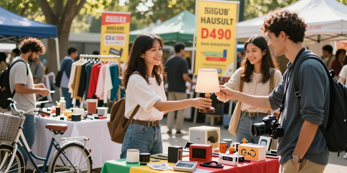 People enthusiastically engaging in transactions at ROKOK88 alternatif marketplace featuring diverse second-hand goods.