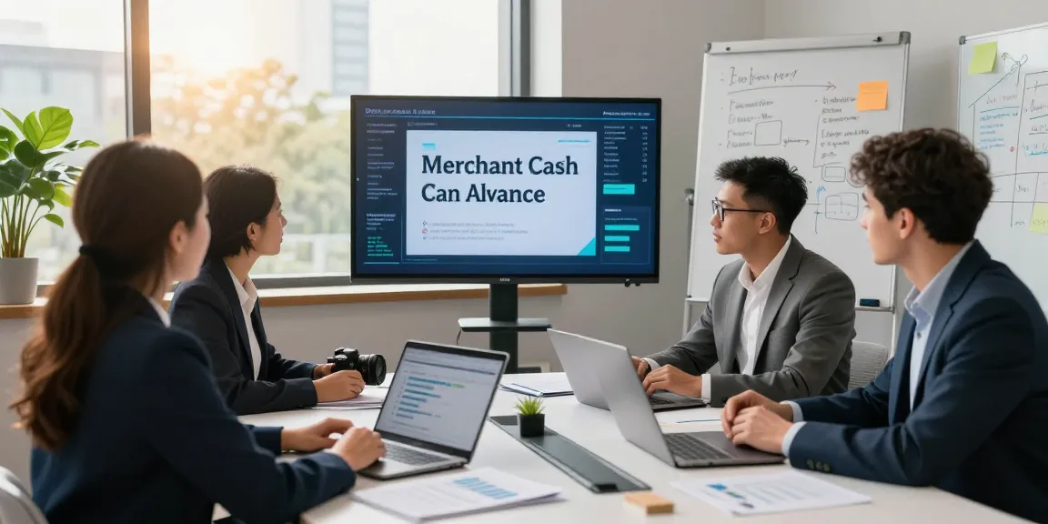 Consultant discussing merchant cash advance UK solutions with a small business owner in a modern office setting.
