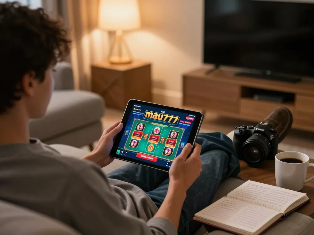 Engaging with mau777 link alternatif on a tablet while enjoying a cozy home gaming setup