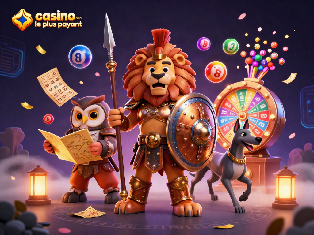 Visuel captivant sur le casino en ligne le plus payant illustrant un lion spartan héroïque entouré de jeux de loterie colorés.