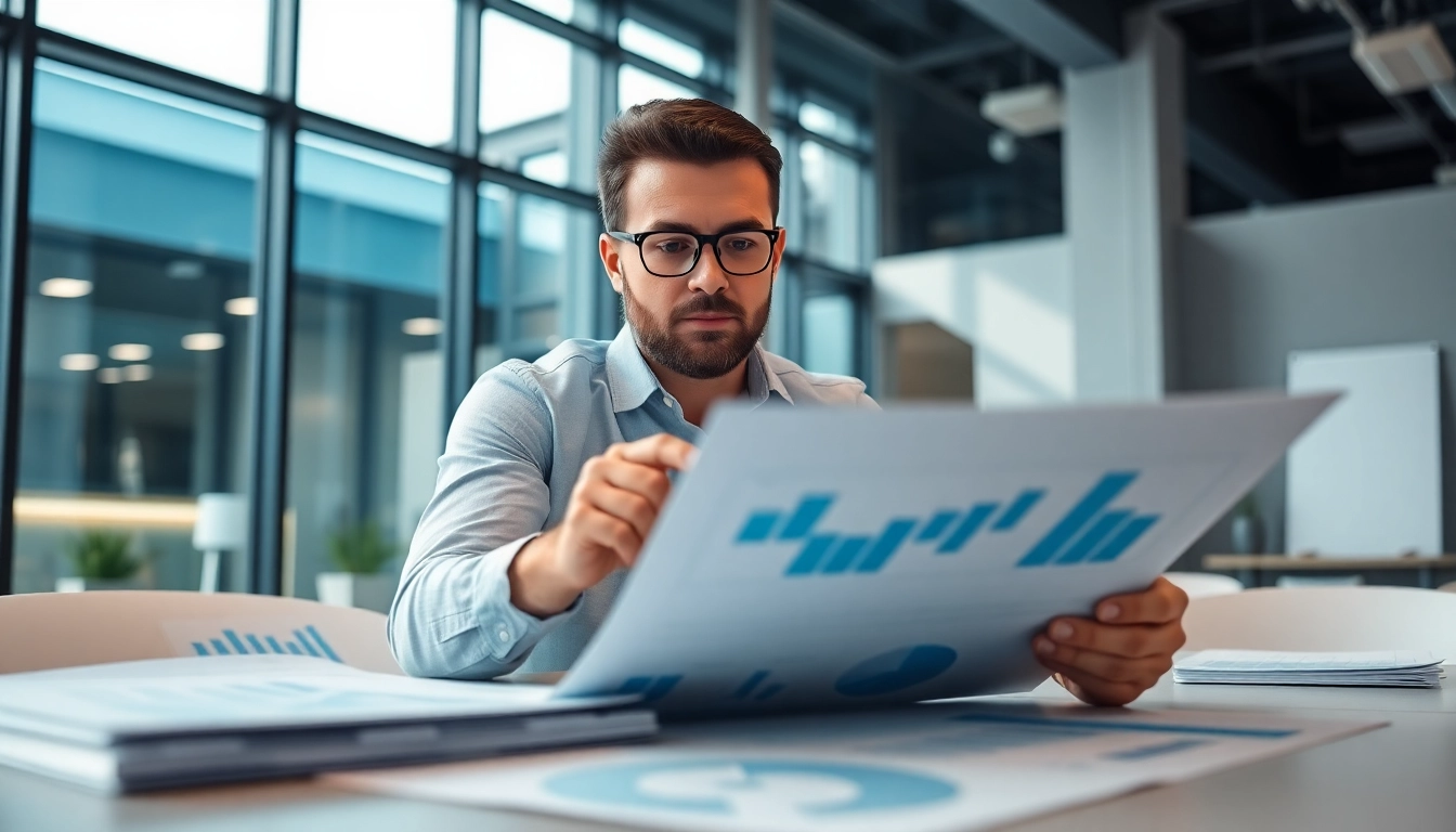 search consultant analyzing strategies in a modern office filled with reports and charts.