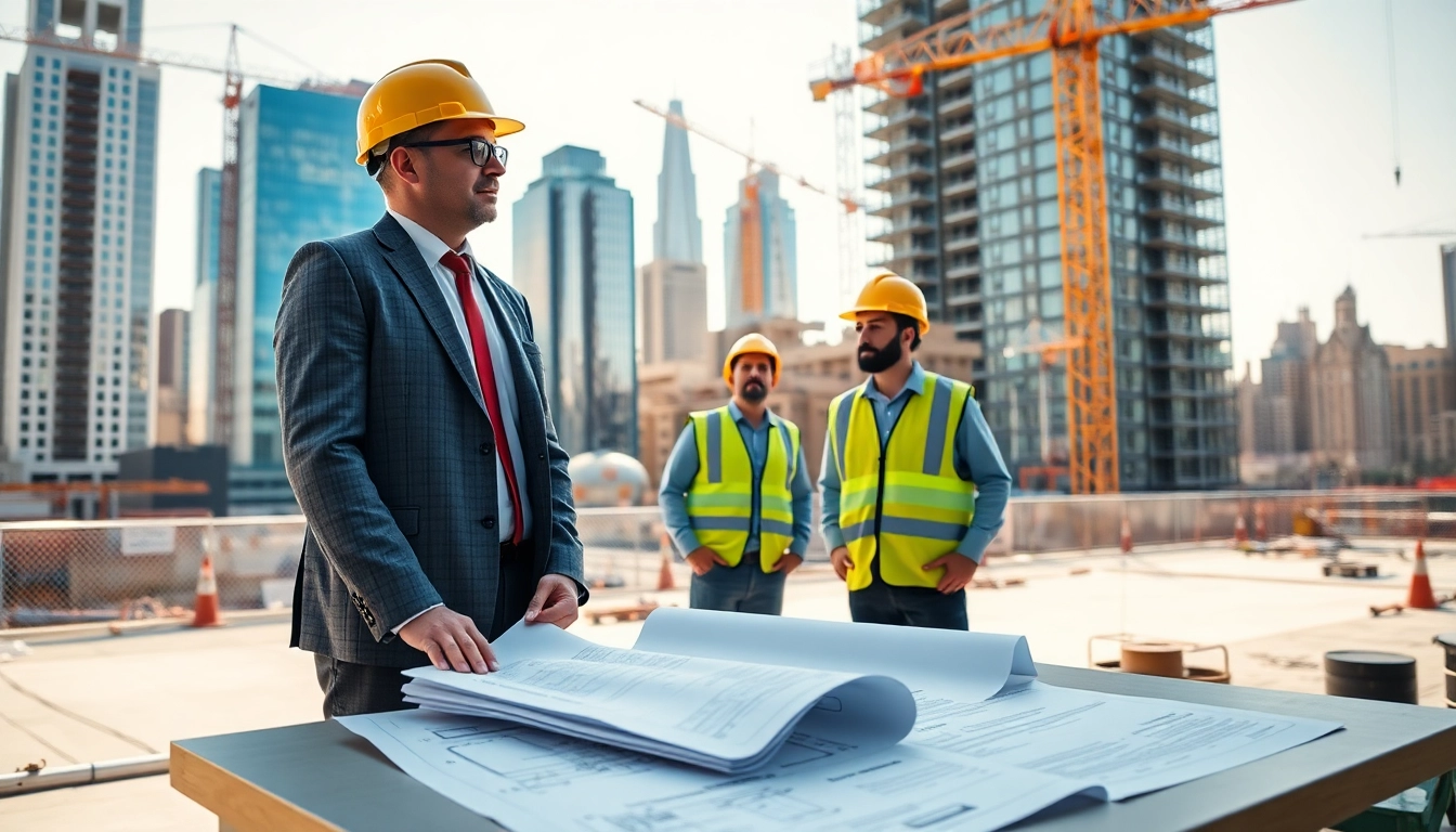 New York City Construction Manager actively supervising a bustling construction site with dynamic teamwork.