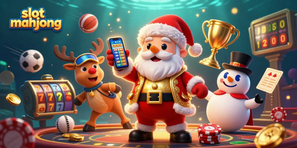 Experience thrilling slot mahjong action with Santa Claus and friends in a vibrant casino scene.