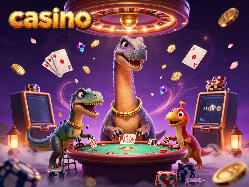 Experience a vibrant casino scene with a cartoon brontosaurus and a raptor dealing cards, surrounded by gold coins.