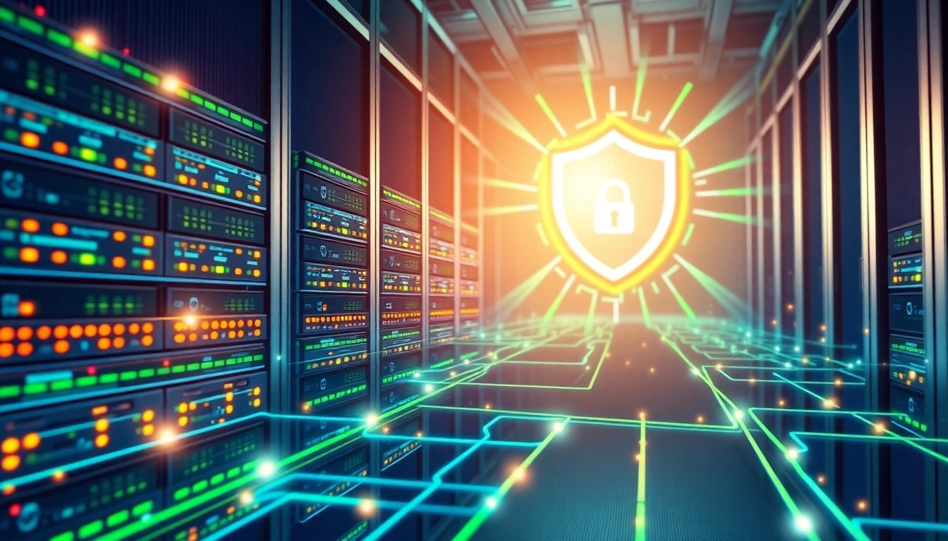 Illustration of CDN with DDoS Protection highlighting security features and interconnected servers.