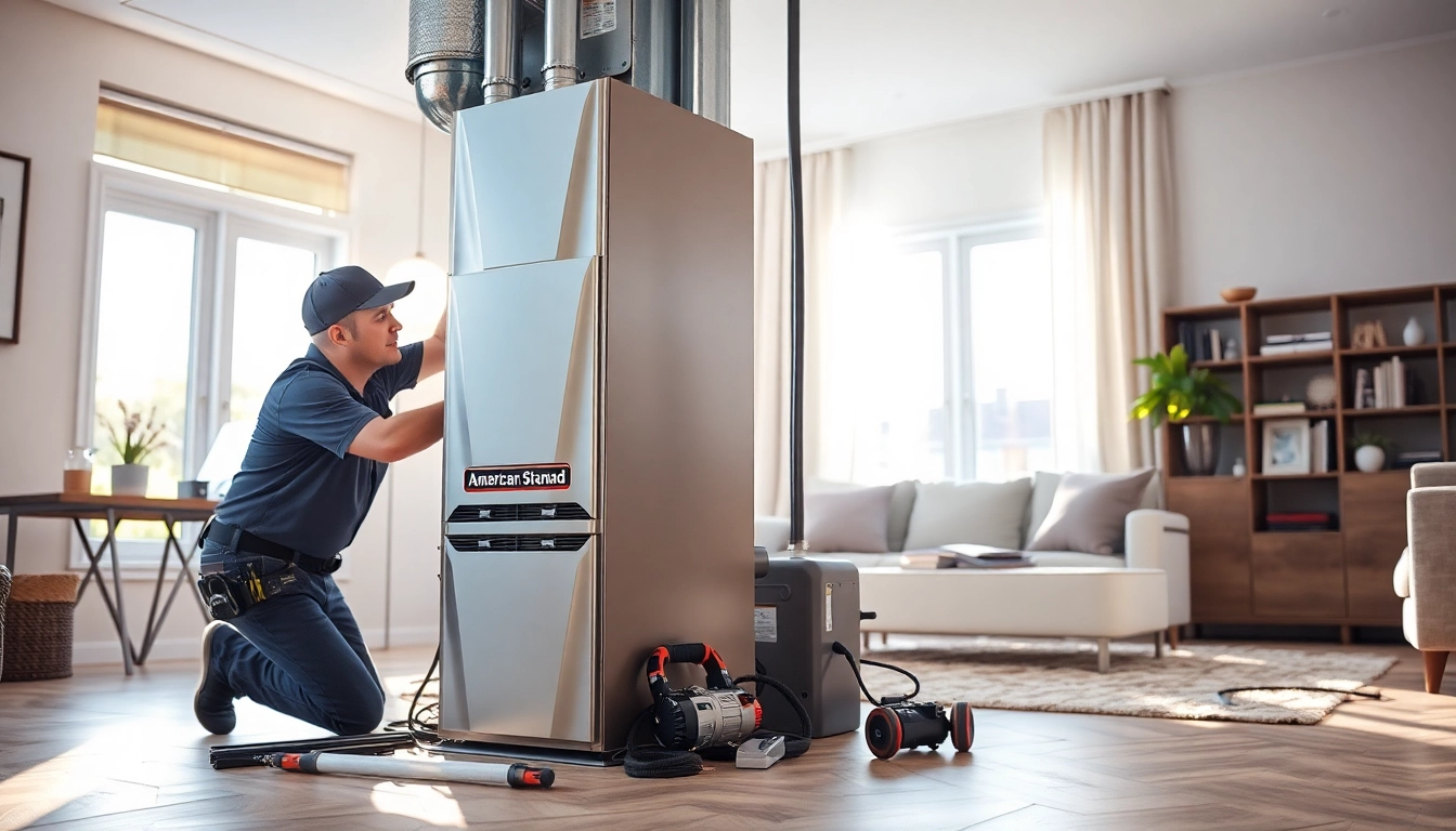 Install an American Standard furnace in a modern home with a technician showcasing high-quality service.