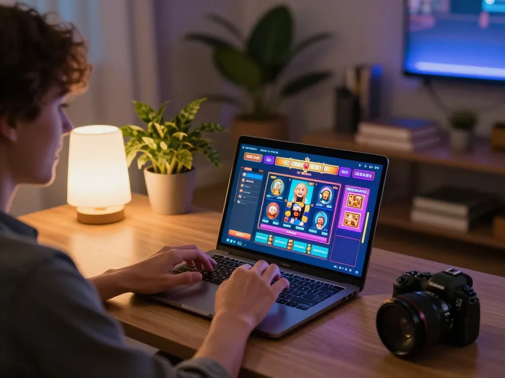 Player enjoying depo 10k slot games on laptop in cozy home setting.