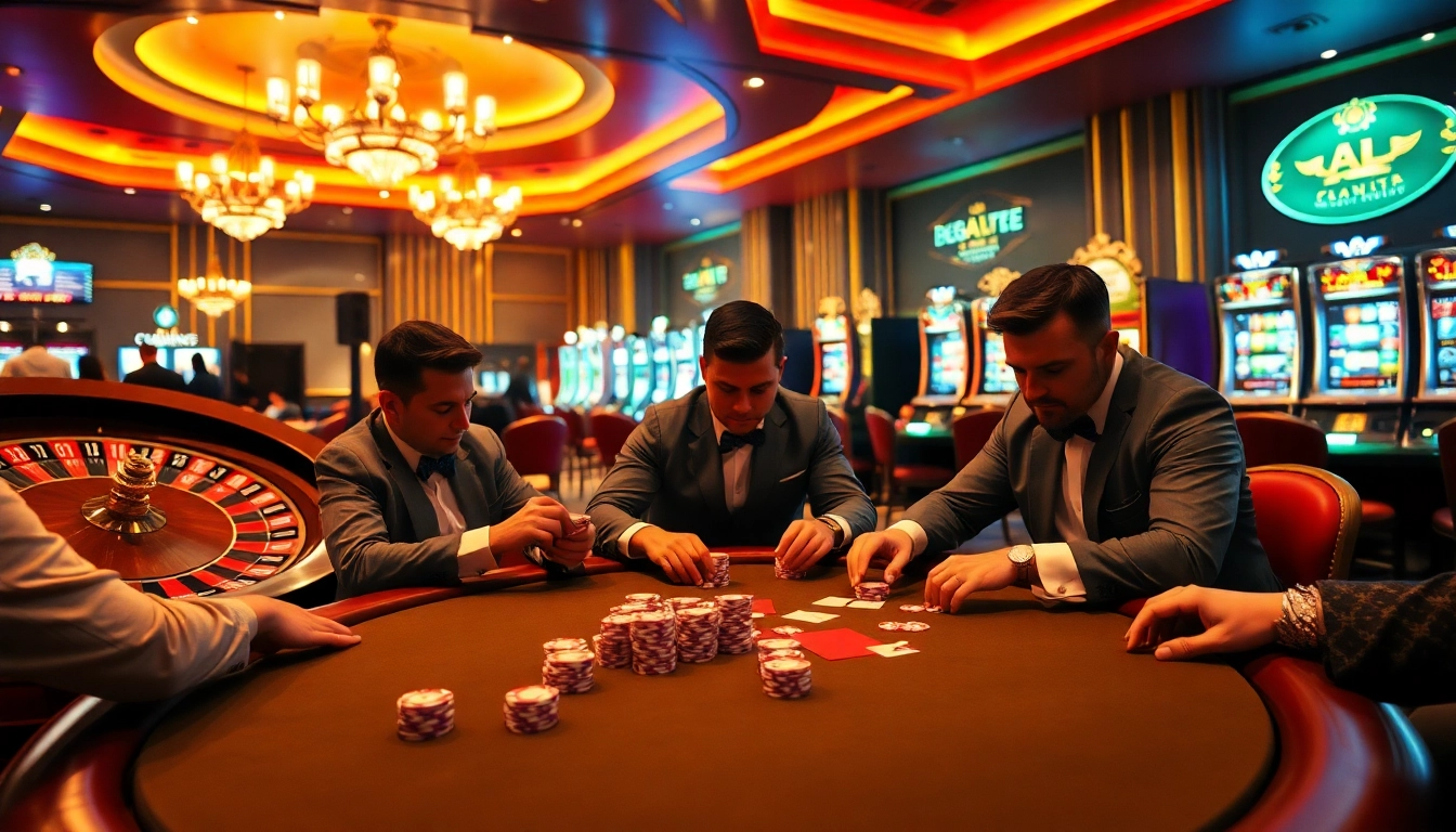 Excited players at a high-stakes poker table inspired by https://tylekeo.asia/ showcasing gambling thrills.